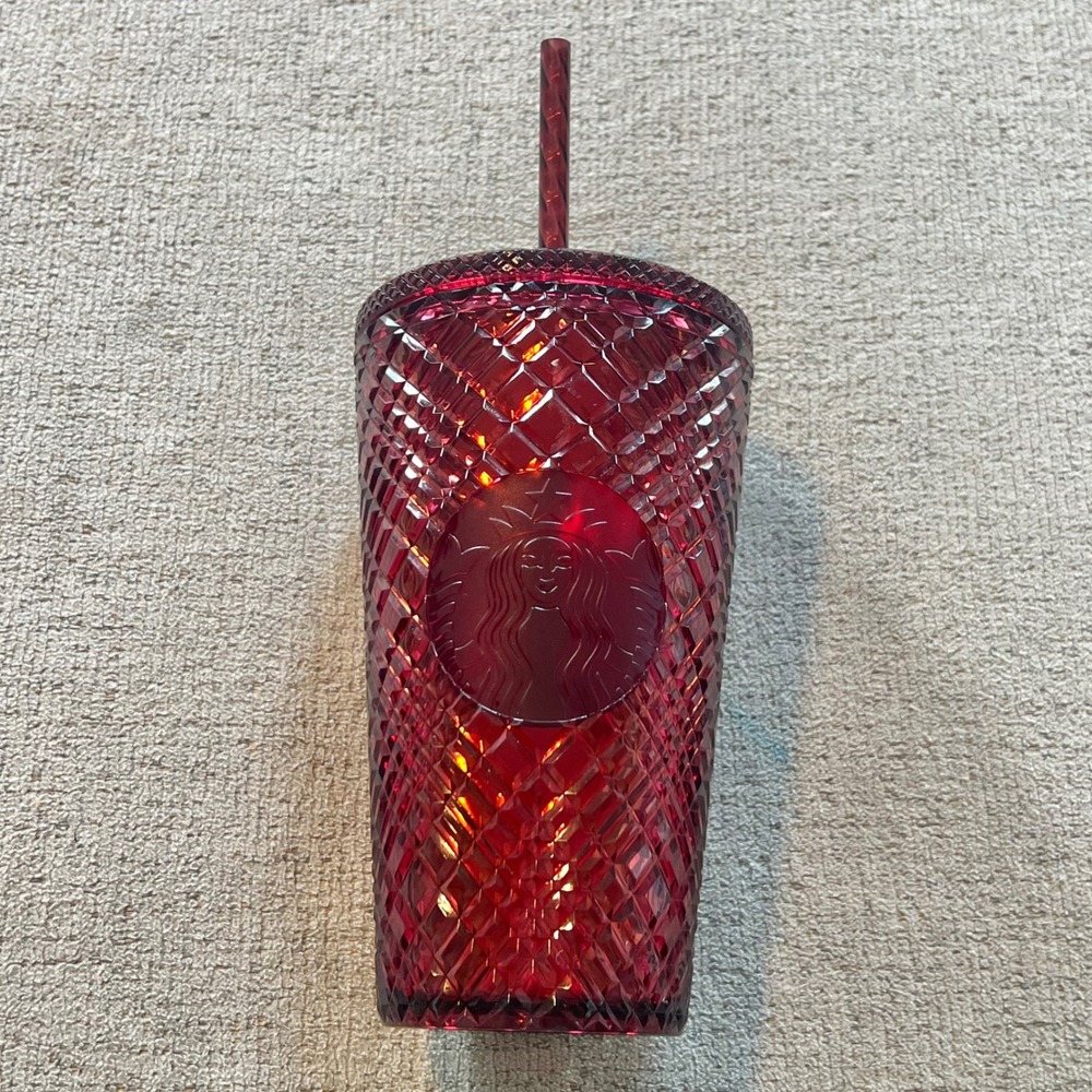 Starbucks Red Ruby Jewel Textured Cold Cup Tumbler 24oz Venti Grid Lid Straw